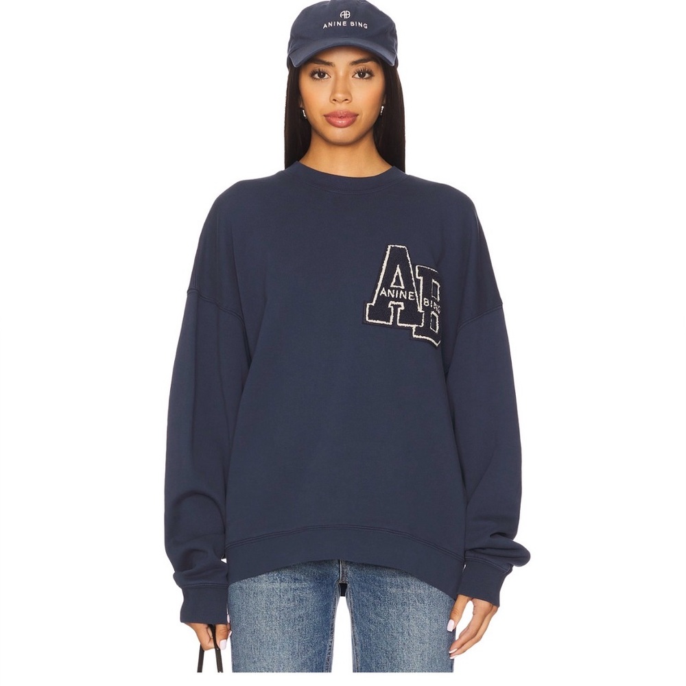 NWT Anine Bing Washed Navy Oversized Letterman Sweatshirt